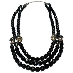 Vintage NRT Avon Black Faceted Rhinestone Beaded Collar Multi strand Necklace